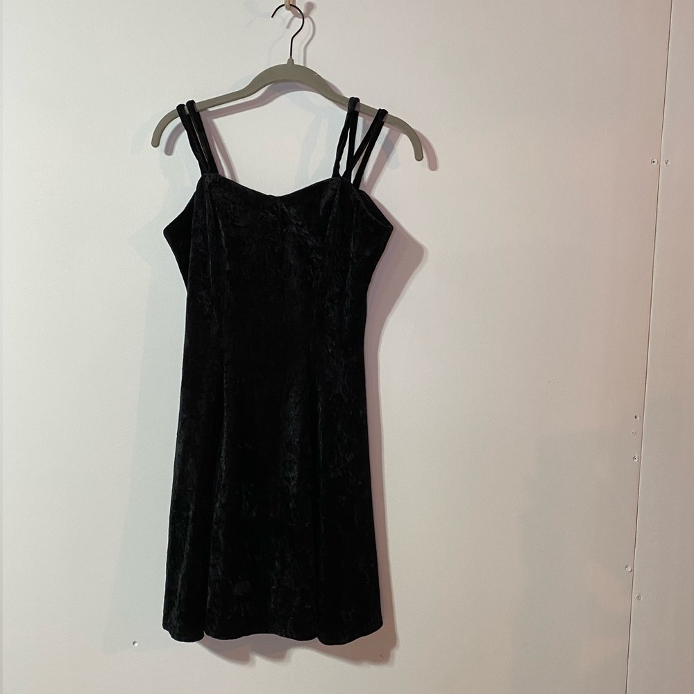 Vintage Crushed Velvet Black Mini Dress with Double Straps, Size M (fits like S)